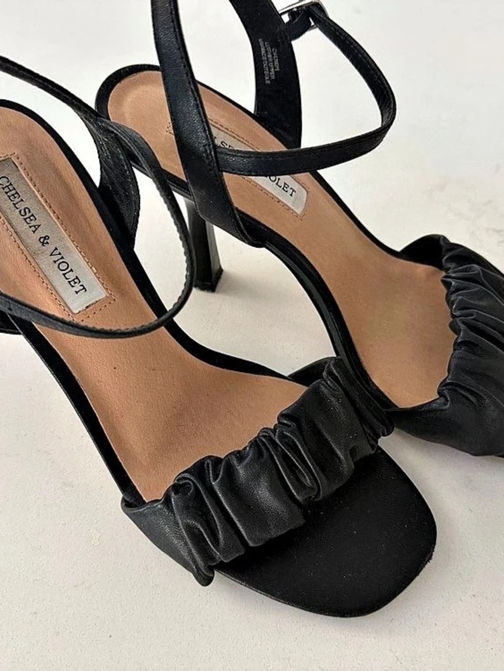 Chelsea & Violet Ruched Ankle Strap Heels in Black